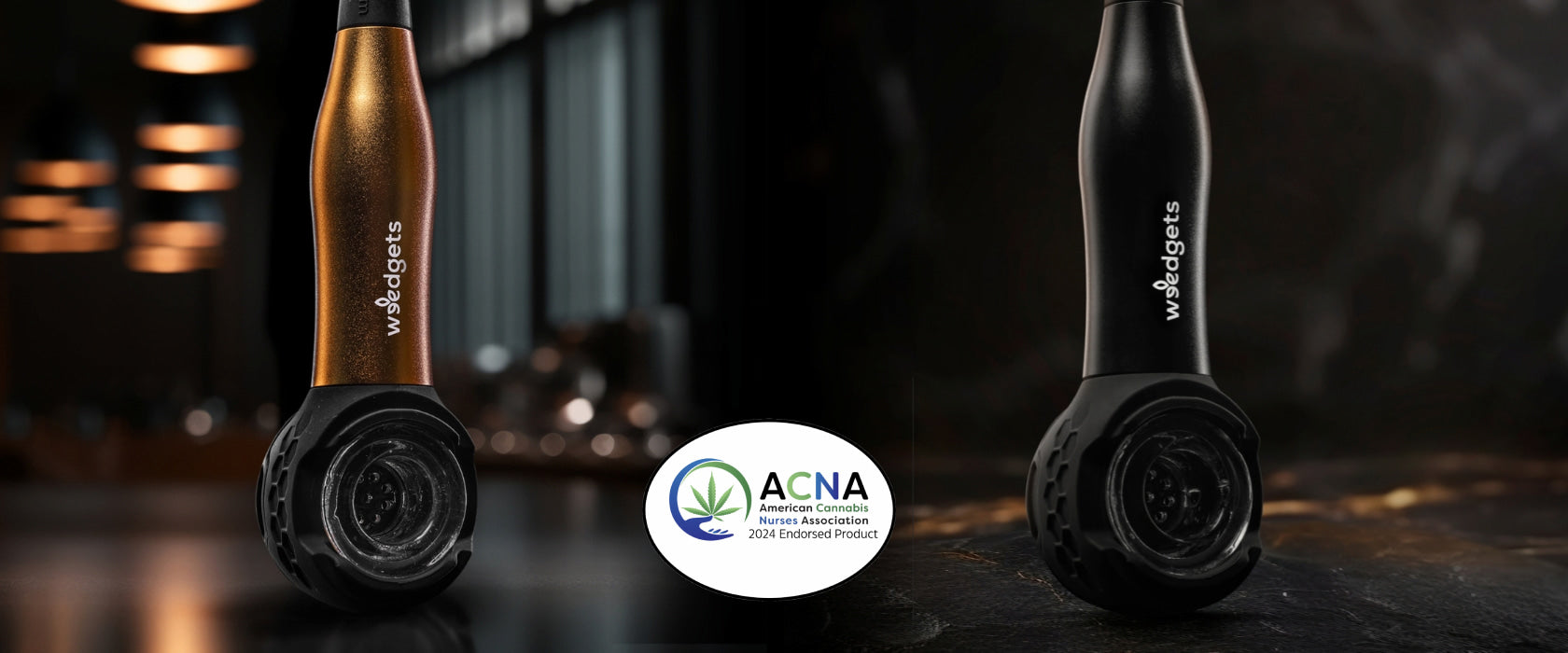 a gold and black Maze-X Pipe with the American Cannabis Nurses Association seal