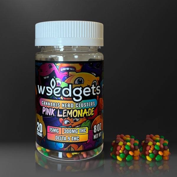 a jar of pink lemonade nerd cluster delta 9 infused gummies